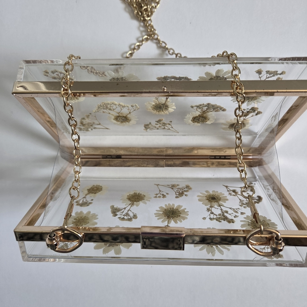Clear daisy floral acrylic resin clutch gold chain ditsy girly statement cute - Picture 3 of 7
